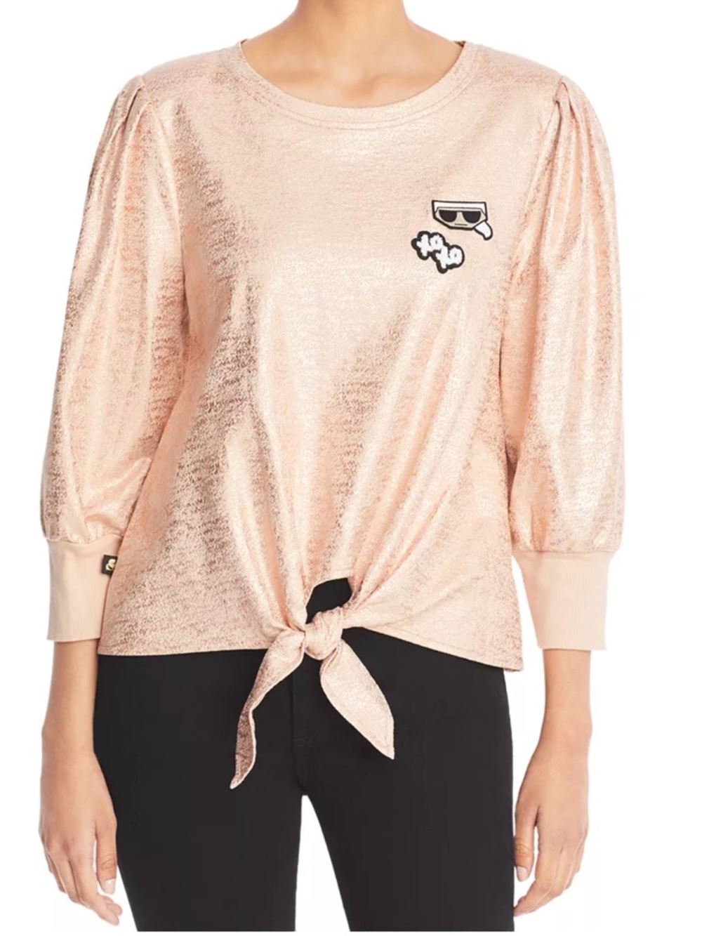 Karl Lagerfeld Metallic Bronze Tie-Front Puff Sleeve Top